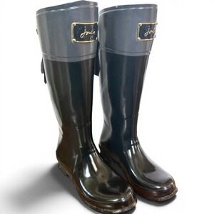 Joules Evedon Rain Boots Womens 8 Black Bow Back Waterproof Tall